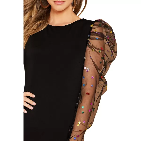 WDIRARA Women's Polka Dots Sheer Dobby Mesh Square Neck Long Sleeve Skinny Bodysuit