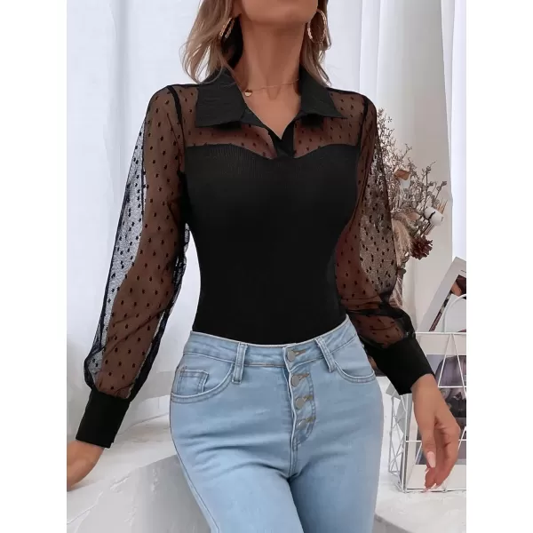 WDIRARA Women's Polka Dots Sheer Mesh Long Sleeve Collar Bodysuit Shirt