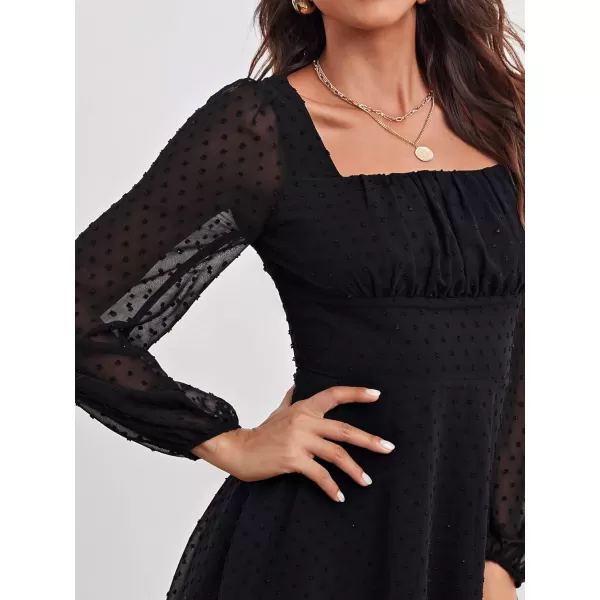 WDIRARA Women's Polka Swiss Dots Mesh Square Neck Lantern Bishop Sleeve Chiffon Dress