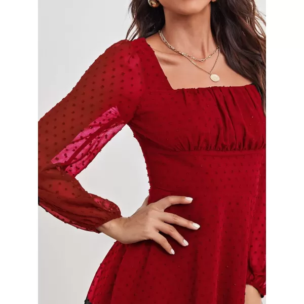 WDIRARA Women's Polka Swiss Dots Mesh Square Neck Lantern Bishop Sleeve Chiffon Dress