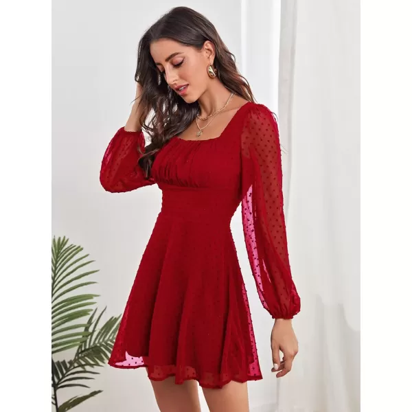 WDIRARA Women's Polka Swiss Dots Mesh Square Neck Lantern Bishop Sleeve Chiffon Dress