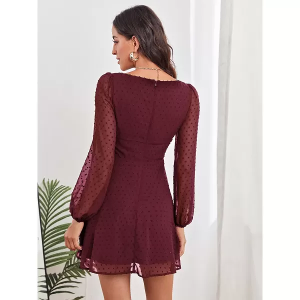 WDIRARA Women's Polka Swiss Dots Mesh Square Neck Lantern Bishop Sleeve Chiffon Dress