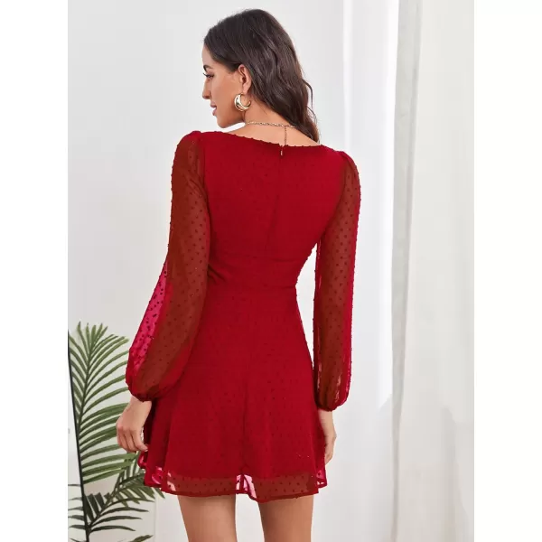 WDIRARA Women's Polka Swiss Dots Mesh Square Neck Lantern Bishop Sleeve Chiffon Dress