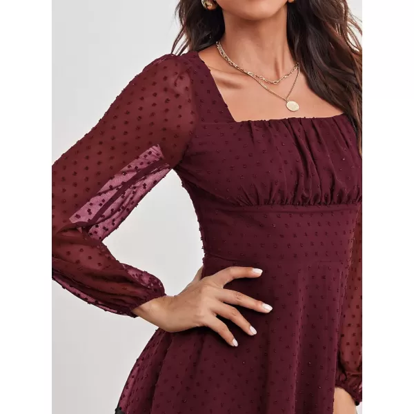 WDIRARA Women's Polka Swiss Dots Mesh Square Neck Lantern Bishop Sleeve Chiffon Dress