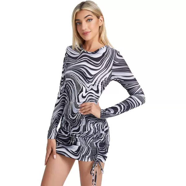 WDIRARA Women's Printed Drawstring Side Round Neck Marble Long Sleeve Bodycon Mini Dress
