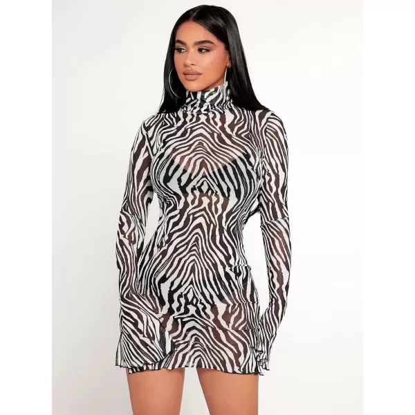 WDIRARA Women's Printed Drawstring Side Round Neck Marble Long Sleeve Bodycon Mini Dress