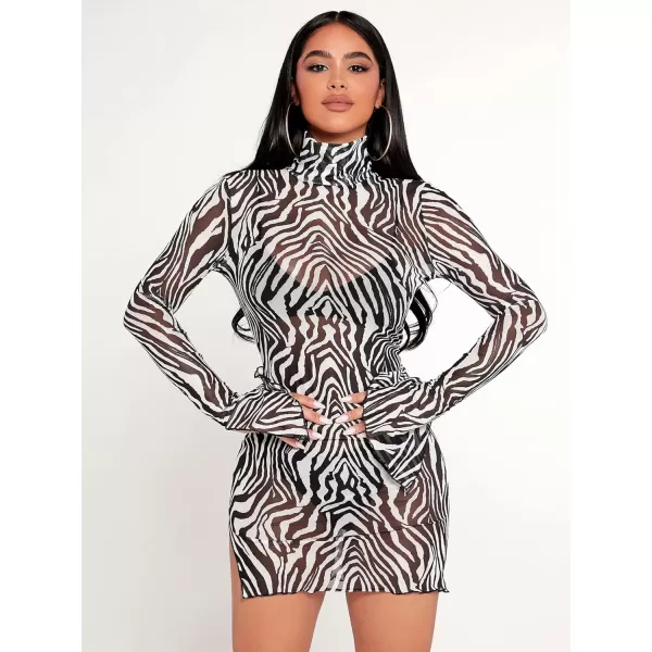WDIRARA Women's Printed Drawstring Side Round Neck Marble Long Sleeve Bodycon Mini Dress