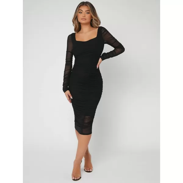 WDIRARA Women's Printed Drawstring Side Round Neck Marble Long Sleeve Bodycon Mini Dress