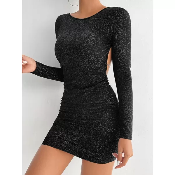 WDIRARA Women's Printed Drawstring Side Round Neck Marble Long Sleeve Bodycon Mini Dress