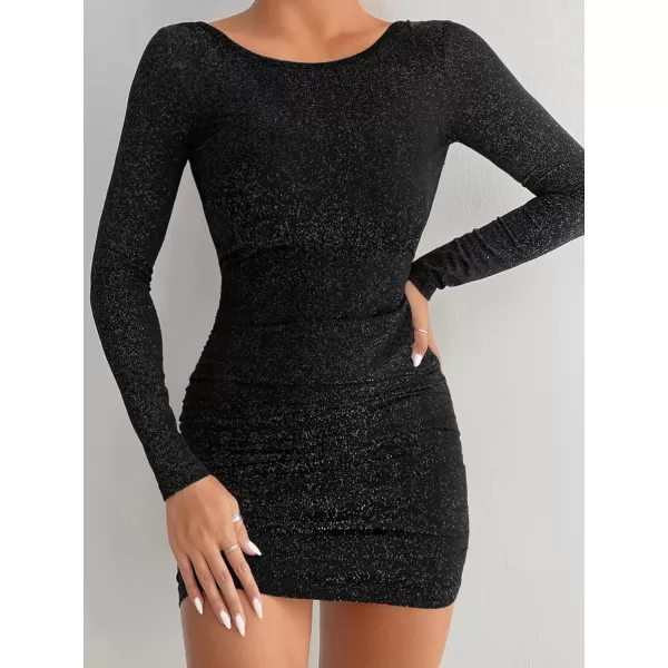 WDIRARA Women's Printed Drawstring Side Round Neck Marble Long Sleeve Bodycon Mini Dress