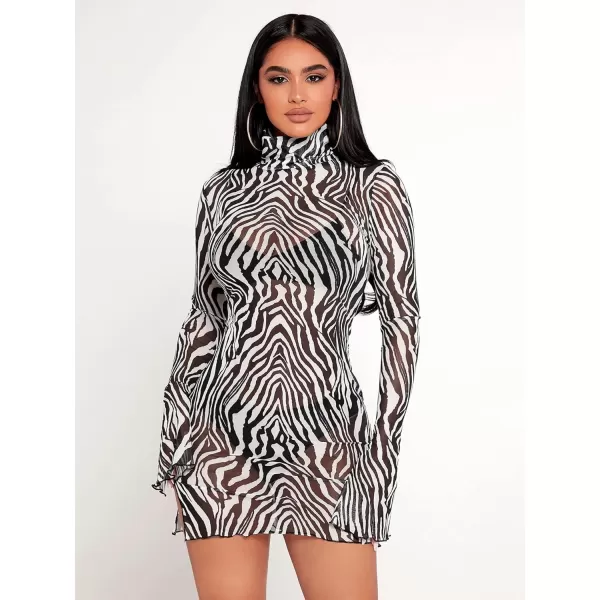 WDIRARA Women's Printed Drawstring Side Round Neck Marble Long Sleeve Bodycon Mini Dress
