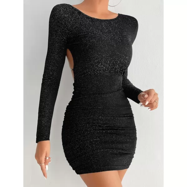 WDIRARA Women's Printed Drawstring Side Round Neck Marble Long Sleeve Bodycon Mini Dress