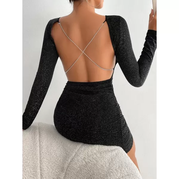 WDIRARA Women's Printed Drawstring Side Round Neck Marble Long Sleeve Bodycon Mini Dress