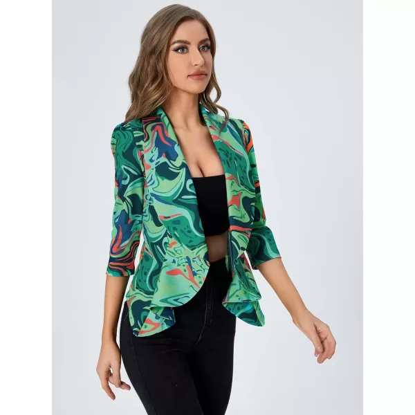 WDIRARA Women's Printed Open Front 3/4 Sleeve Blazer Ruffle Jacket Outerwear