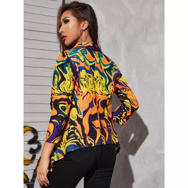 WDIRARA Women's Printed Open Front 3/4 Sleeve Blazer Ruffle Jacket Outerwear