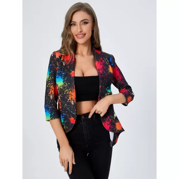 WDIRARA Women's Printed Open Front 3/4 Sleeve Blazer Ruffle Jacket Outerwear
