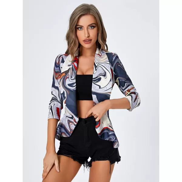 WDIRARA Women's Printed Open Front 3/4 Sleeve Blazer Ruffle Jacket Outerwear
