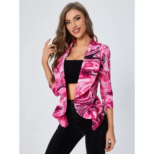 WDIRARA Women's Printed Open Front 3/4 Sleeve Blazer Ruffle Jacket Outerwear