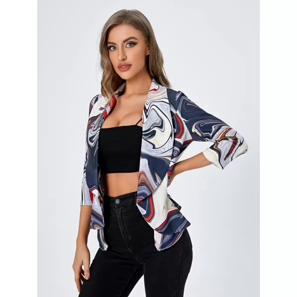 WDIRARA Women's Printed Open Front 3/4 Sleeve Blazer Ruffle Jacket Outerwear