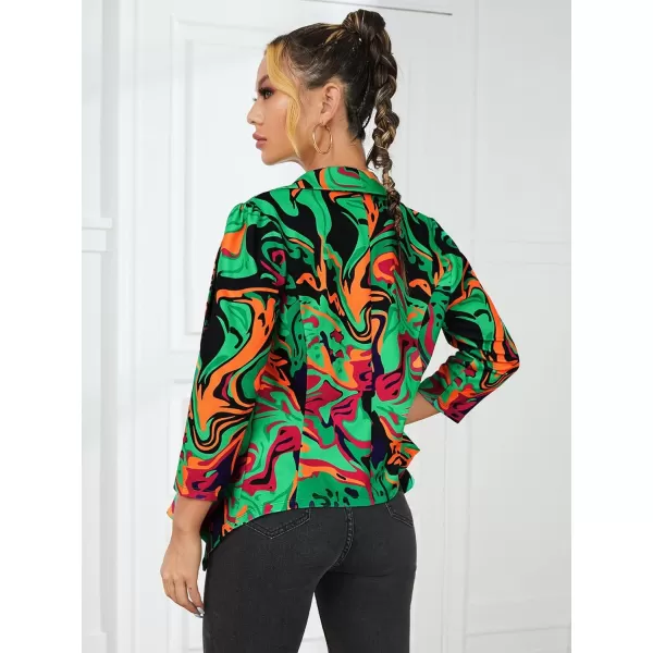 WDIRARA Women's Printed Open Front 3/4 Sleeve Blazer Ruffle Jacket Outerwear