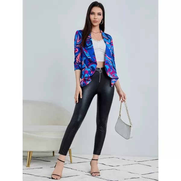 WDIRARA Women's Printed Open Front 3/4 Sleeve Blazer Ruffle Jacket Outerwear