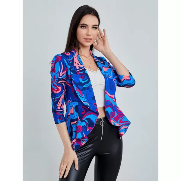 WDIRARA Women's Printed Open Front 3/4 Sleeve Blazer Ruffle Jacket Outerwear