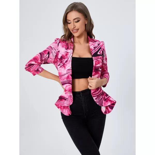 WDIRARA Women's Printed Open Front 3/4 Sleeve Blazer Ruffle Jacket Outerwear