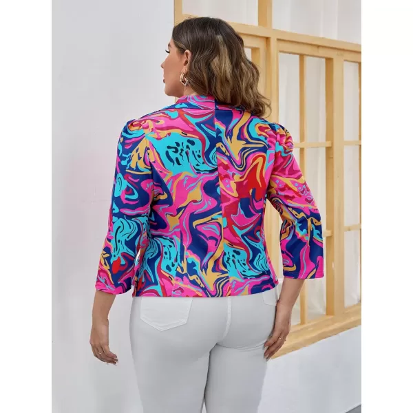 WDIRARA Women's Printed Open Front 3/4 Sleeve Blazer Ruffle Jacket Outerwear