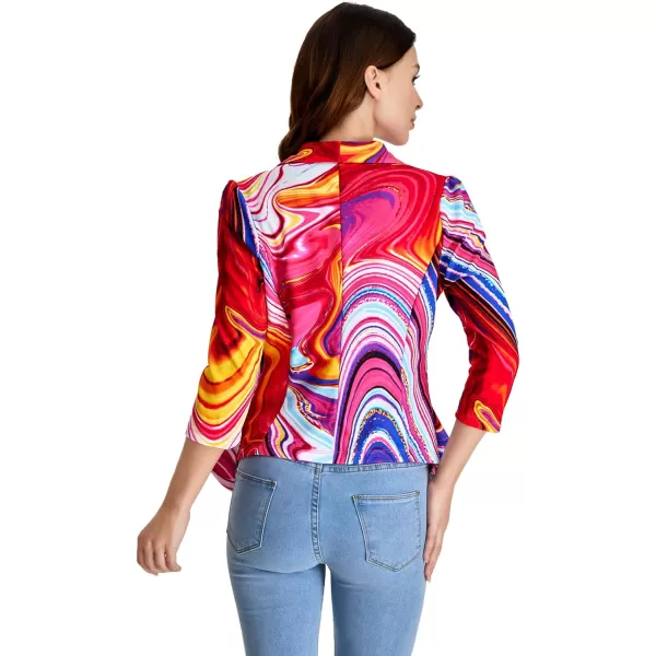 WDIRARA Women's Printed Open Front 3/4 Sleeve Blazer Ruffle Jacket Outerwear
