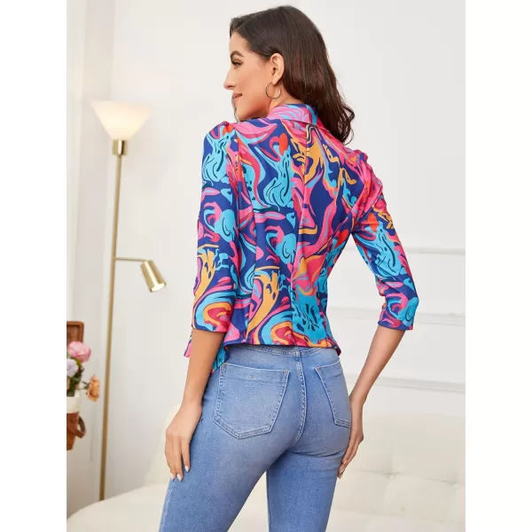WDIRARA Women's Printed Open Front 3/4 Sleeve Blazer Ruffle Jacket Outerwear