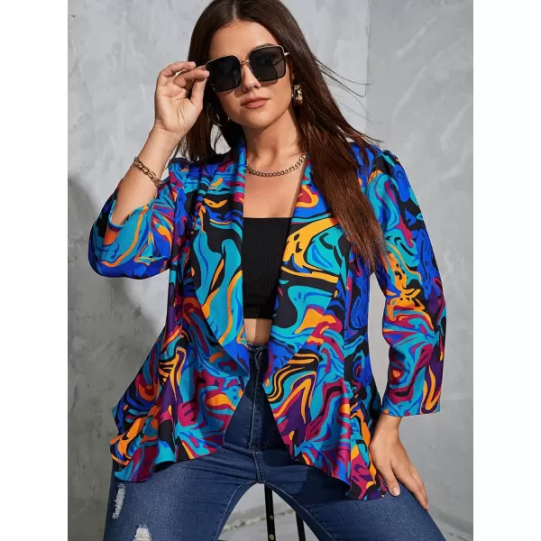 WDIRARA Women's Printed Open Front 3/4 Sleeve Blazer Ruffle Jacket Outerwear