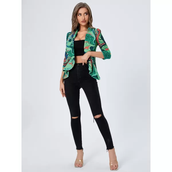 WDIRARA Women's Printed Open Front 3/4 Sleeve Blazer Ruffle Jacket Outerwear