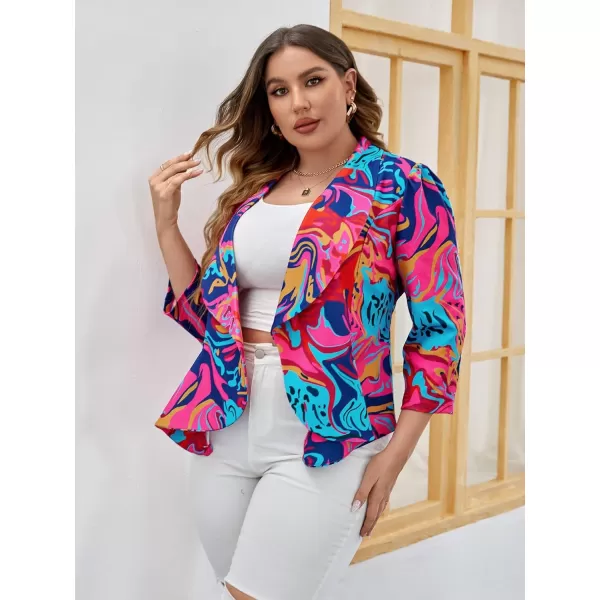 WDIRARA Women's Printed Open Front 3/4 Sleeve Blazer Ruffle Jacket Outerwear
