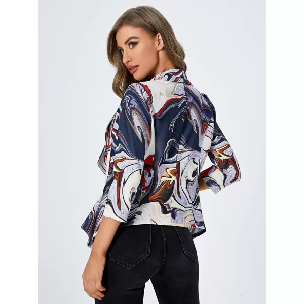 WDIRARA Women's Printed Open Front 3/4 Sleeve Blazer Ruffle Jacket Outerwear