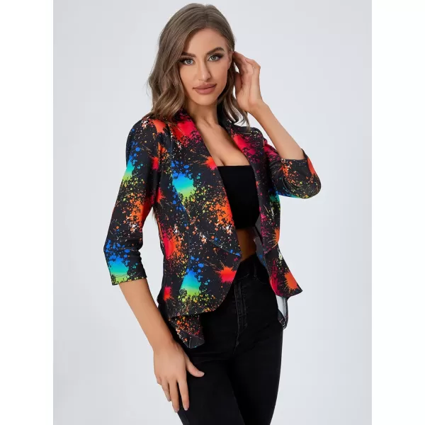 WDIRARA Women's Printed Open Front 3/4 Sleeve Blazer Ruffle Jacket Outerwear