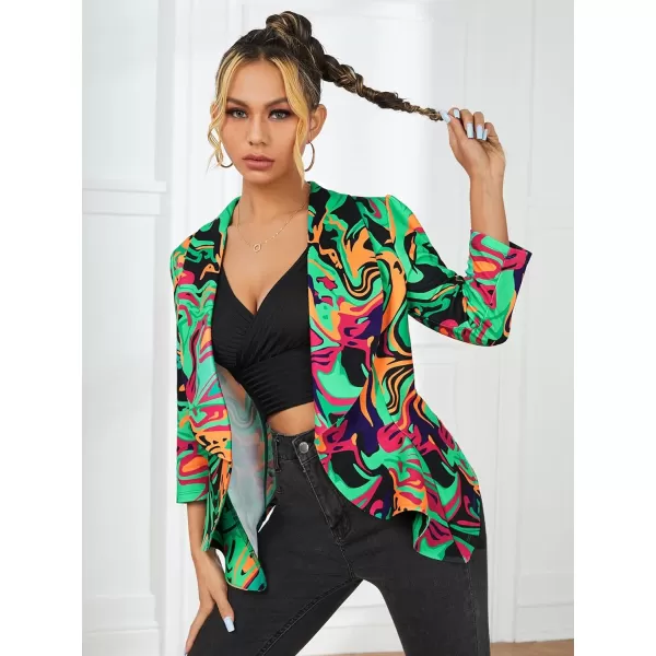 WDIRARA Women's Printed Open Front 3/4 Sleeve Blazer Ruffle Jacket Outerwear