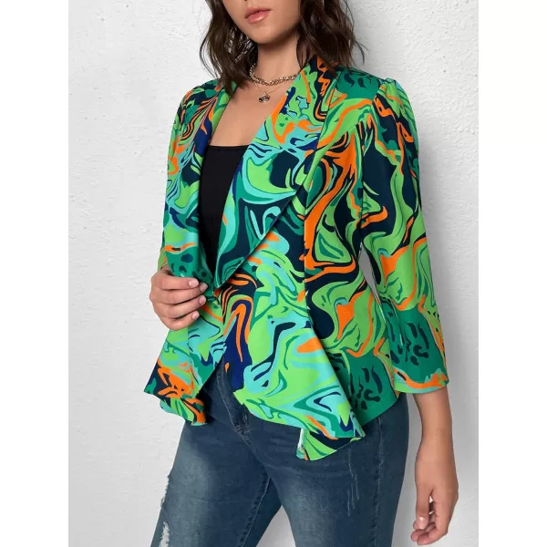 WDIRARA Women's Printed Open Front 3/4 Sleeve Blazer Ruffle Jacket Outerwear