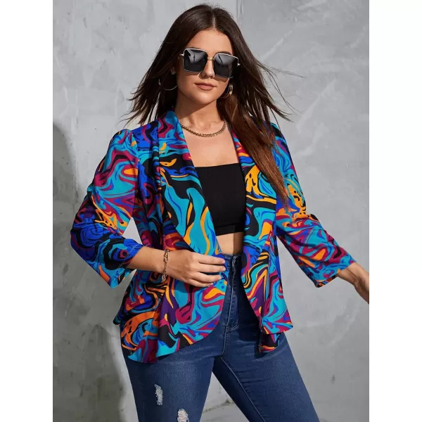 WDIRARA Women's Printed Open Front 3/4 Sleeve Blazer Ruffle Jacket Outerwear