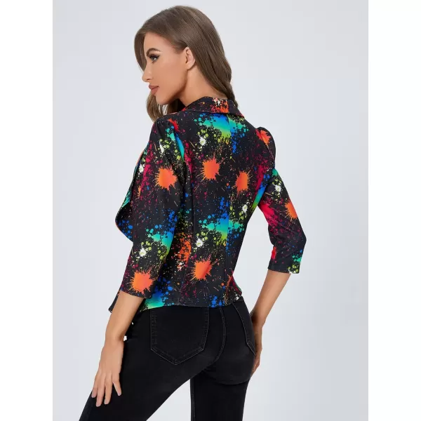 WDIRARA Women's Printed Open Front 3/4 Sleeve Blazer Ruffle Jacket Outerwear