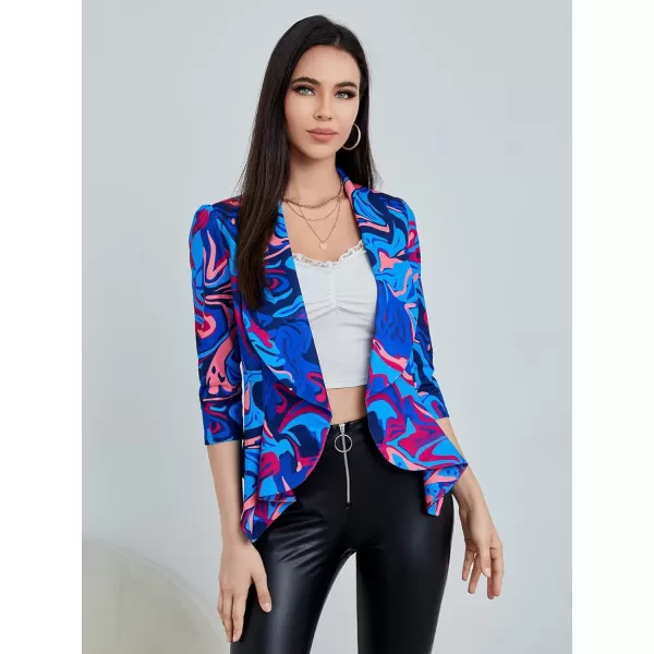WDIRARA Women's Printed Open Front 3/4 Sleeve Blazer Ruffle Jacket Outerwear