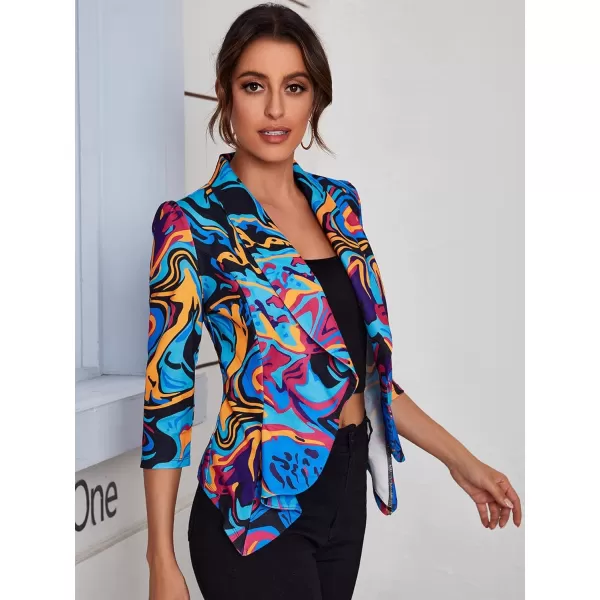 WDIRARA Women's Printed Open Front 3/4 Sleeve Blazer Ruffle Jacket Outerwear