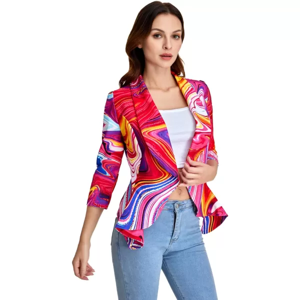 WDIRARA Women's Printed Open Front 3/4 Sleeve Blazer Ruffle Jacket Outerwear