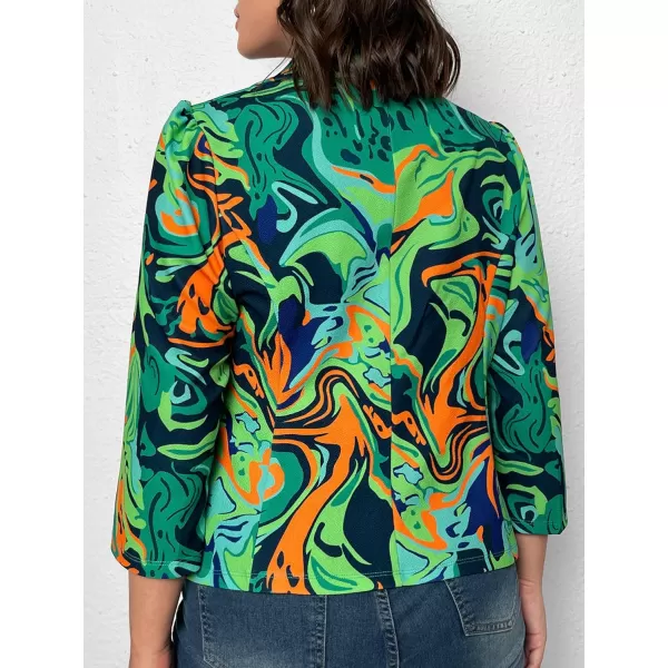 WDIRARA Women's Printed Open Front 3/4 Sleeve Blazer Ruffle Jacket Outerwear