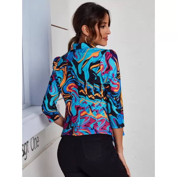 WDIRARA Women's Printed Open Front 3/4 Sleeve Blazer Ruffle Jacket Outerwear