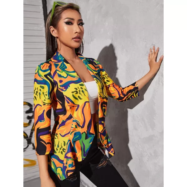 WDIRARA Women's Printed Open Front 3/4 Sleeve Blazer Ruffle Jacket Outerwear