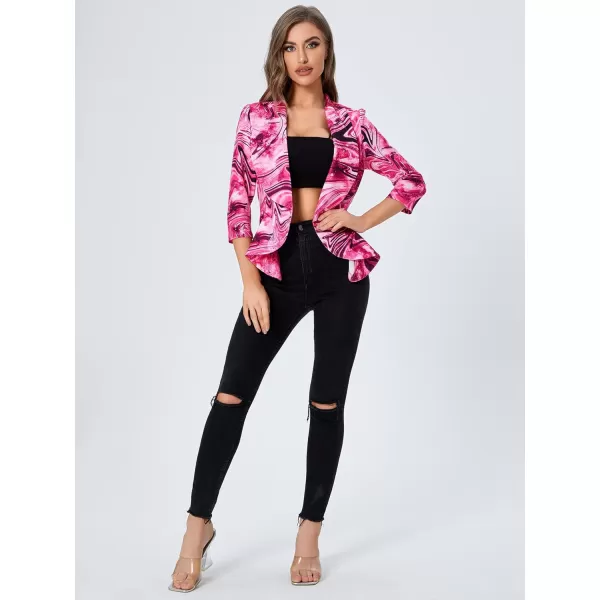 WDIRARA Women's Printed Open Front 3/4 Sleeve Blazer Ruffle Jacket Outerwear
