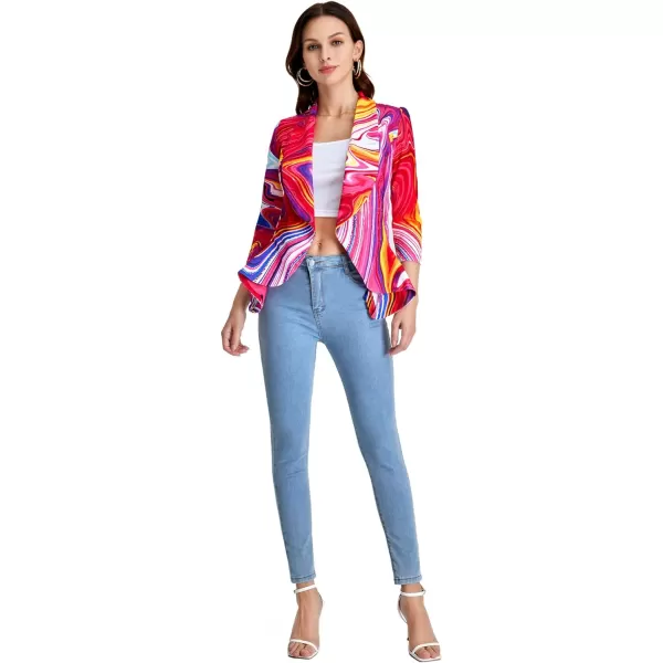 WDIRARA Women's Printed Open Front 3/4 Sleeve Blazer Ruffle Jacket Outerwear