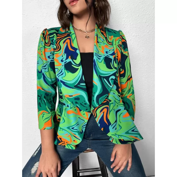 WDIRARA Women's Printed Open Front 3/4 Sleeve Blazer Ruffle Jacket Outerwear