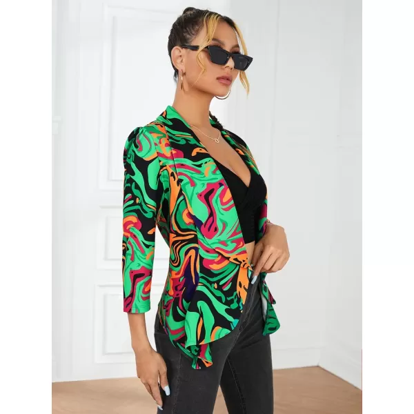 WDIRARA Women's Printed Open Front 3/4 Sleeve Blazer Ruffle Jacket Outerwear