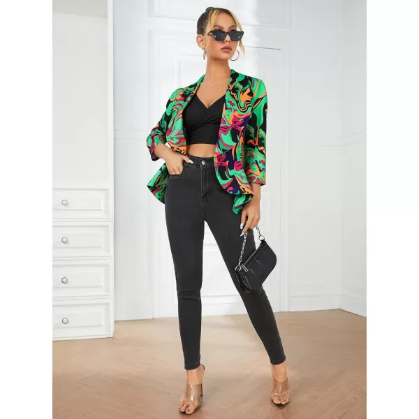 WDIRARA Women's Printed Open Front 3/4 Sleeve Blazer Ruffle Jacket Outerwear